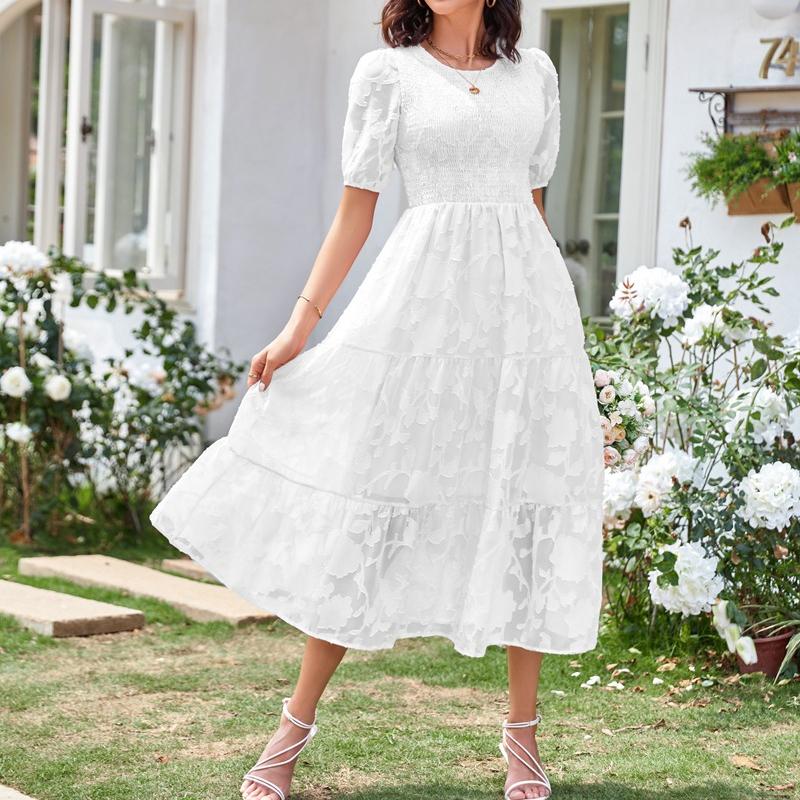 YYFS Women's Fashion Summer Spring Solid Color Print Short Sleeve O-Neck High Waist Casual Dresses