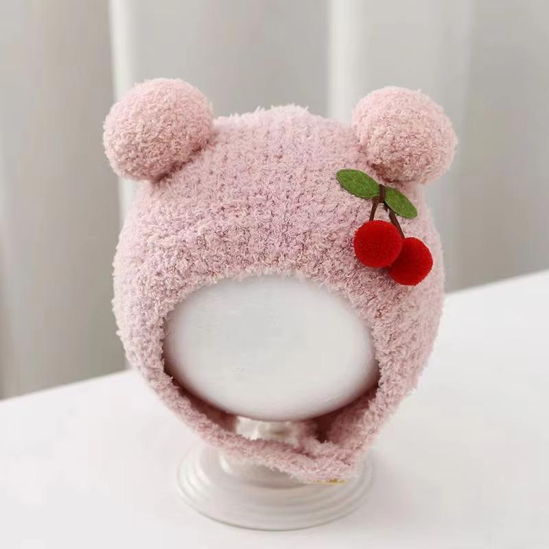

Милая детская шапка с цветком вишни, зимняя, теплая, бархатная, для младенцев, мальчиков и девочек, шапочки, защита ушей, для малышей, шапки-пуловеры Pink cherry