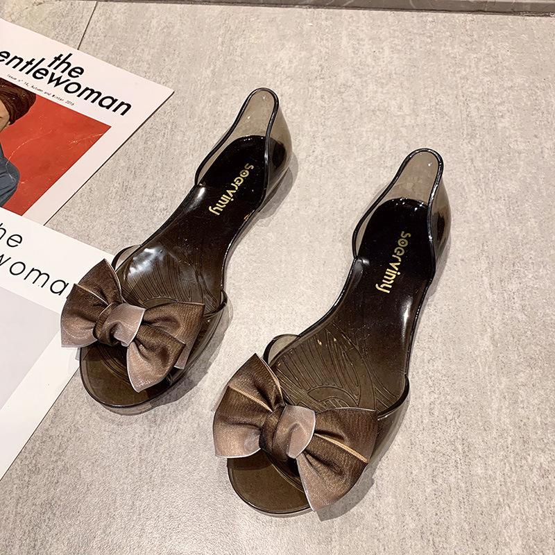 Women's Floral Transparent Jelly Sandals - Korean Style, Flat, Fish Mouth, Casual Bow Design