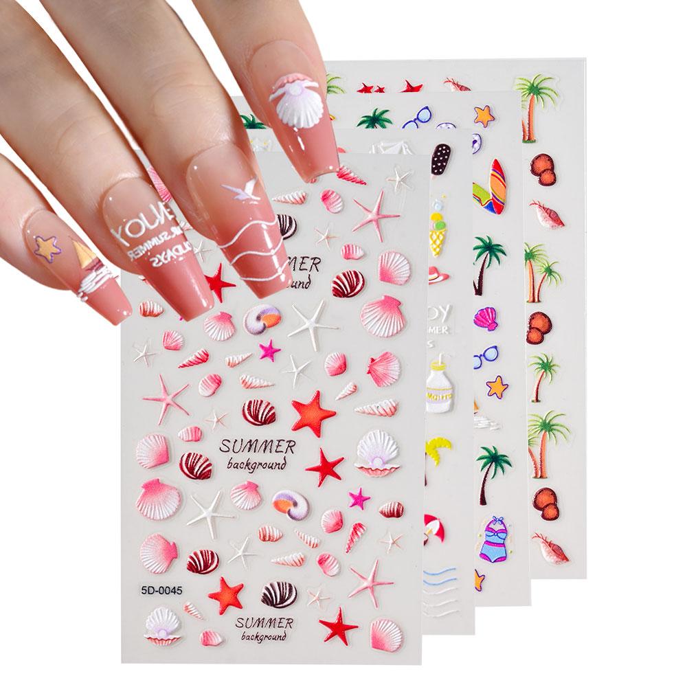 Starfish 1 Sheet Summer Sea Shell 5D Nail Sticker Engraved Nails Stickers Beach Jellyfish Decals Shell Nail Slider
