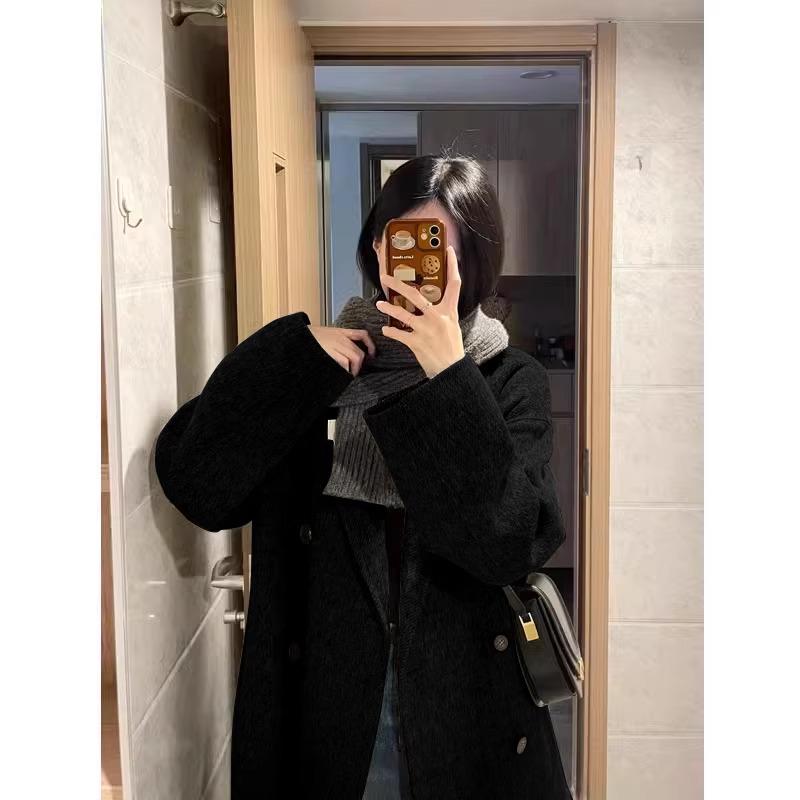 

Black-Gray 2025 Woolen Coat: High-Quality Petite Double-Sided Cashmere for Autumn/Winter Women s Fashion XL