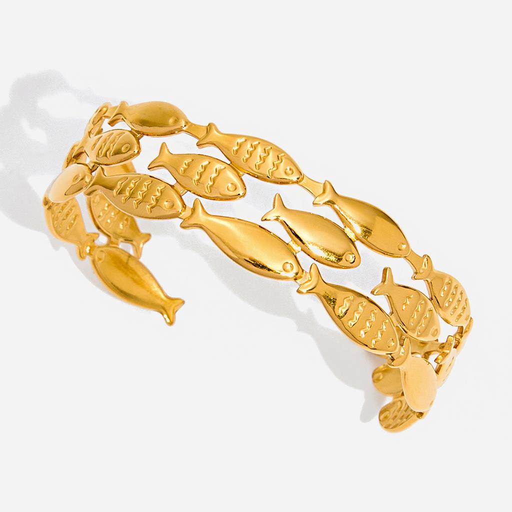 Goldenes Edelstahl Drei-Schicht-Fisch-Offen-Armreif Bangle 18K Gold PVD-beschichtet Statement Wasserdicht Handgelenkschmuck Bijoux