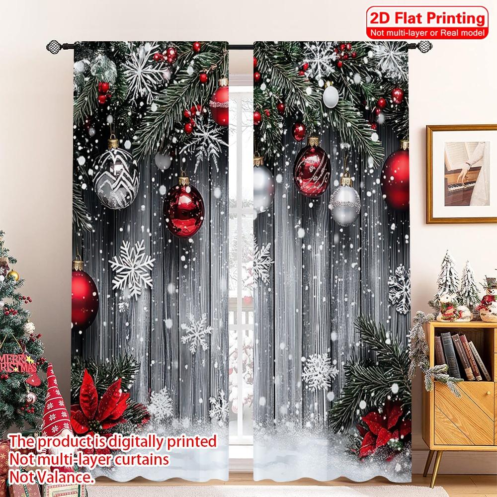 

2D flat printing 2pcs Christmas Window Curtains With snowflakes_ red balls and green plants Polyester Without Electricity 52.50×116.00 CM 2pcs