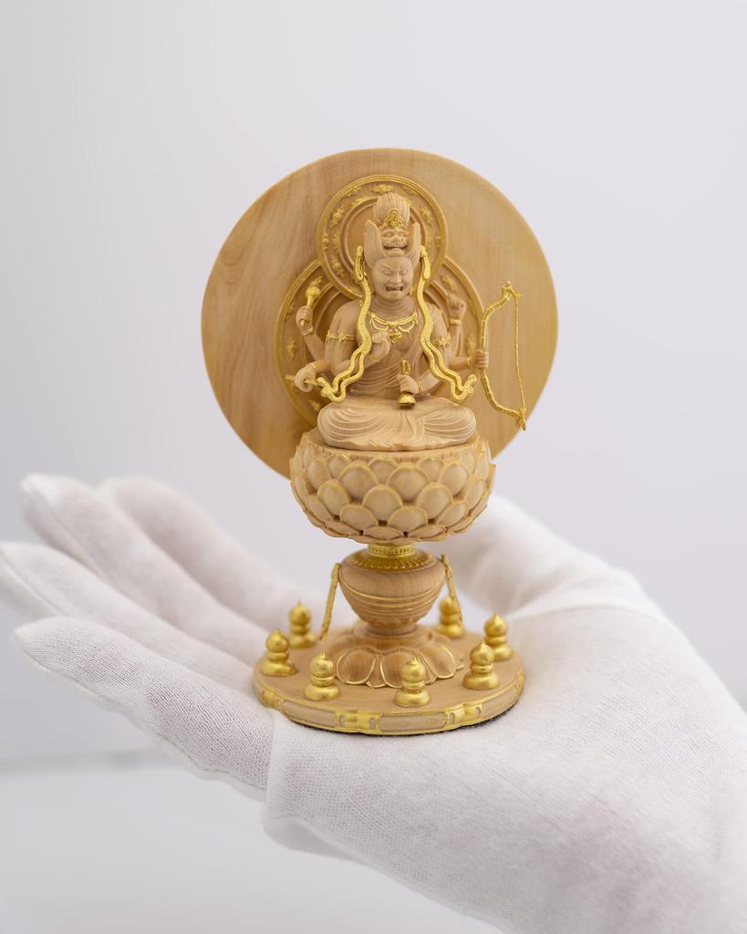 Drobná zlatá hliněná dřevěná ozdoba Buddha Aizen Myoo Aizen Myoo 11,6 cm (Dřevěný buxus, povrchová úprava)Socha Buddhy, postava, řezba, (GSB