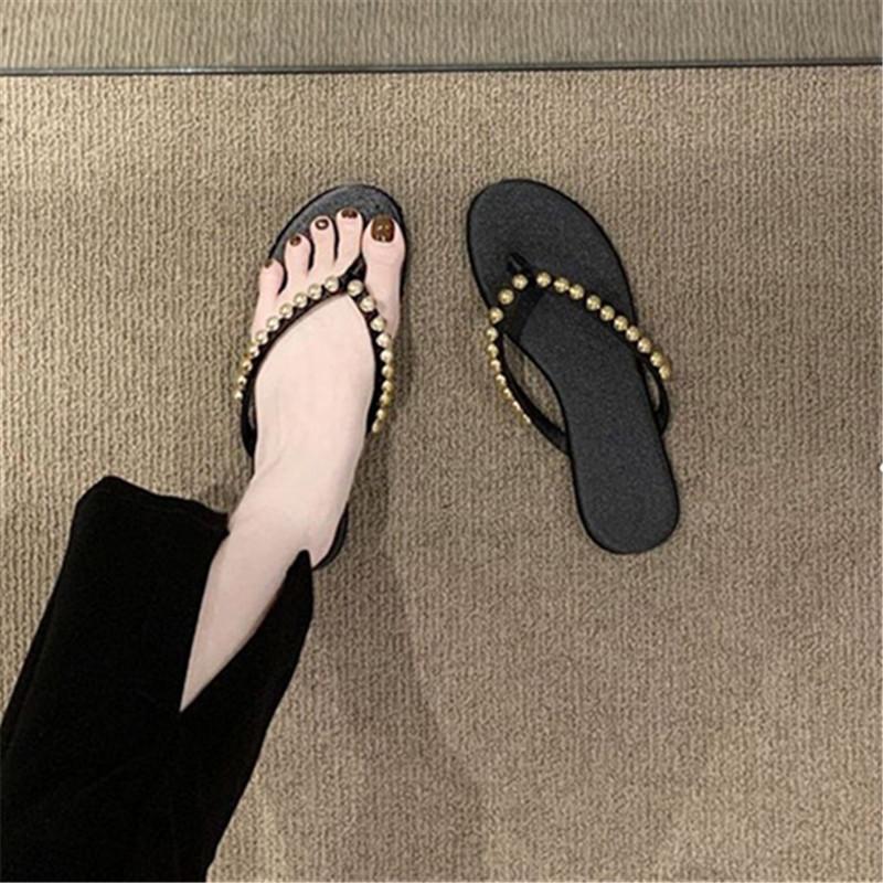 Spring and Summer Footwear Plus Size Retro Solid Color Sandals Flat Toe Rhinestone Women's Shoes Sandals Slippers.