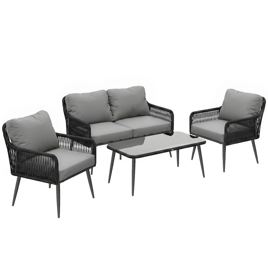 Rattan Garden Furniture Set, 4 Piece Outdoor Patio Furniture with Tempered Glass Table and Chairs, Indoor Balcony Conservatory Set