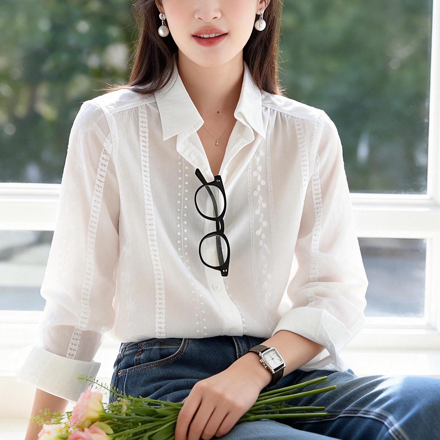 

Embroidered Cotton Lapel Shirt Double Extra Large белый