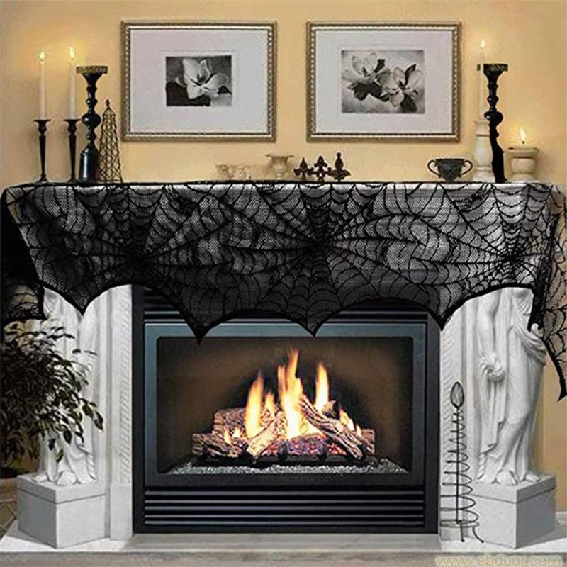 Lace Table Runner Spiderweb Mantel Scarf Cover for Holiday Party Decoration, Black Spiderweb Mantel Scarf