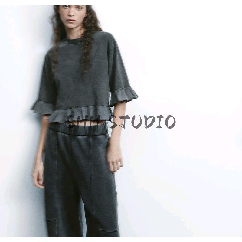 Spring and Summer New Arrival Women's Clothing round Neck Shirt with Half Sleeve Cotton Loose Laminated Decoration Patchwork T-shirt 0085301