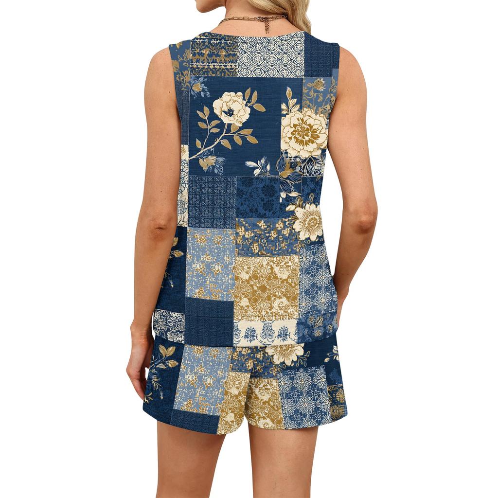 Women's Summer Casual Two Piece Set Sleeveless Tank Top with Square Neck and Drawstring Waist Shorts with Pockets Lightweight Soft Fabric