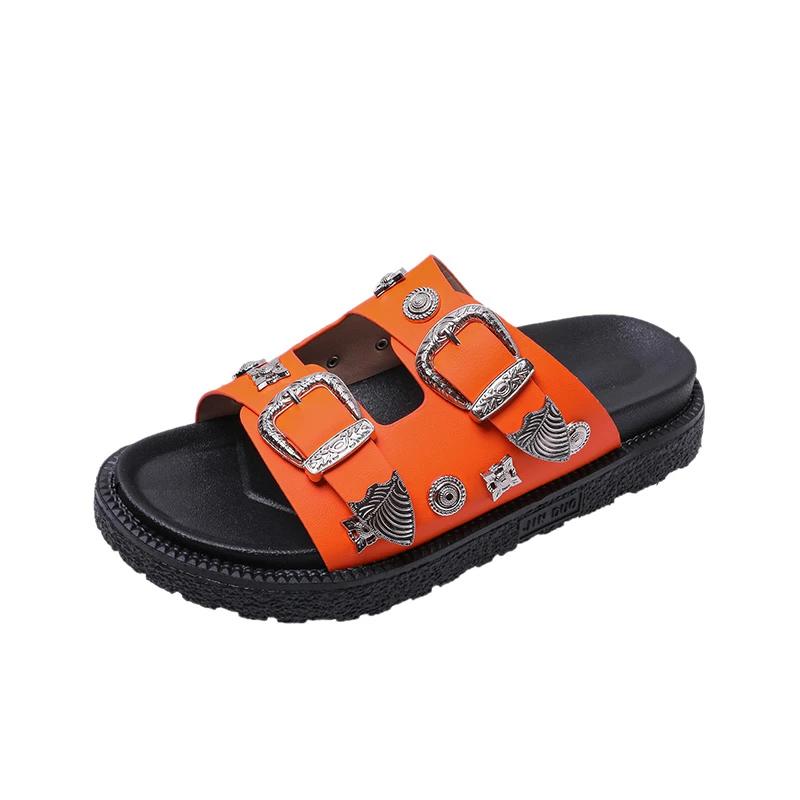 Fashion Platform slippers 20245summer new wear metal buckle rivet casual sandals open toe one word beach ins cool style shoes