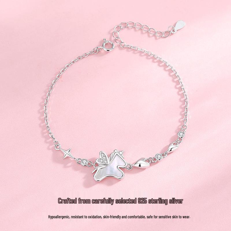 Tichia Dream Unicorn Bracelet: Women s S925 Sterling Silver, Cute Summer Design with Exquisite Shell. 925 Silver