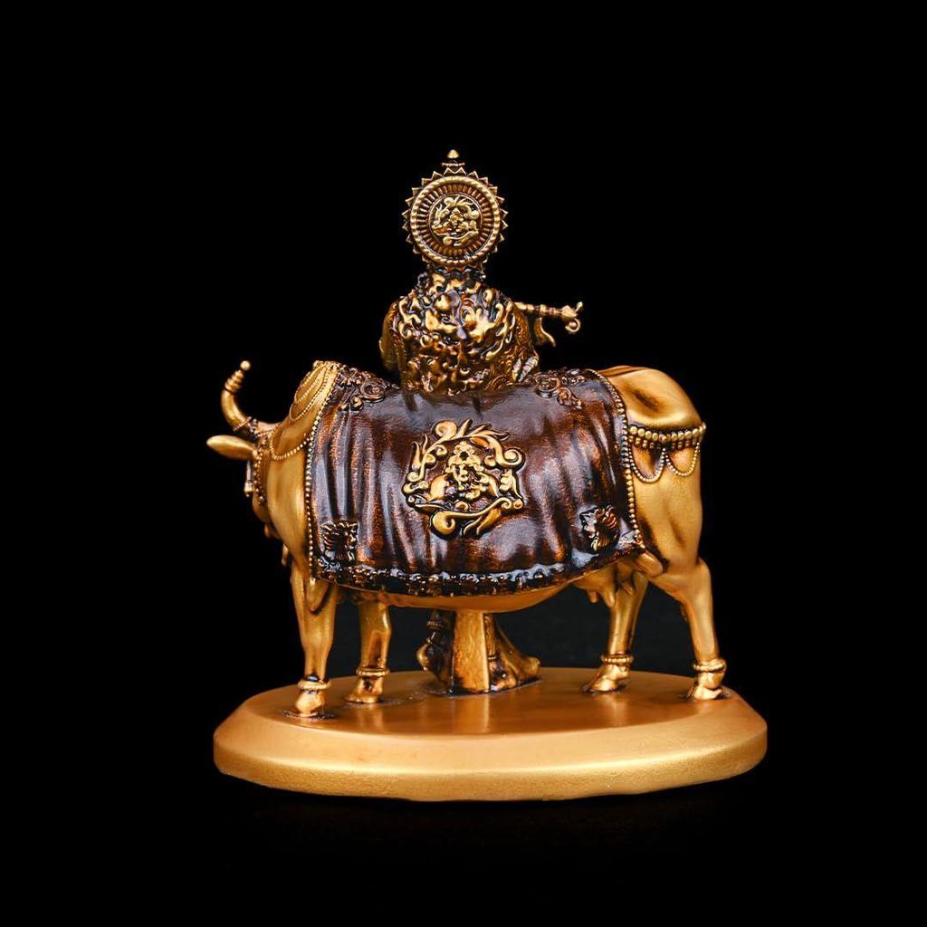Handcrafted Krishna with Cow Murti Idol Statue Janmashtami Showpiece for Car Dashboard Home Decor Office and Table Decorative