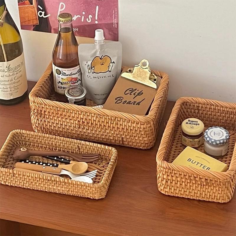 Natural Rattan Storage Baskets, Rectangular Woven Fruit Baskets, Wicker Decoration and Organizer for Bathroom, Living Room
