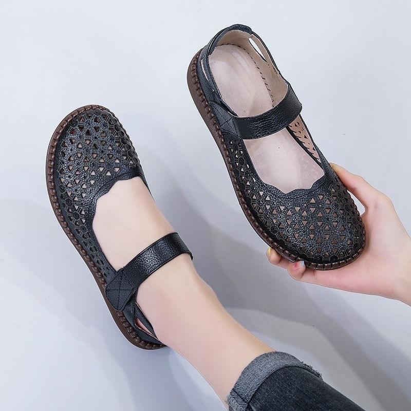 Leather sandals beef tendon sole breathable non-slip middle-aged and elderly mother shoes women's soft sole non-slip and deodorant hollow hole shoes