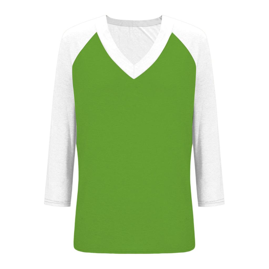 Women's Casual And Fashionable Patchwork V-Neck Top With Seven Quarter Sleeves Top
