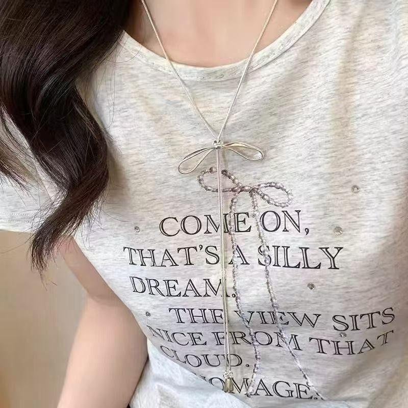 Silver bow pull necklace female simple cold wind long sweet accessories temperament collarbone chain new product