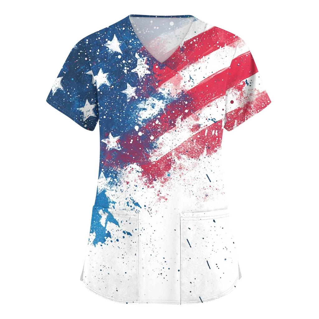 Women's Short Sleeve Independence Day Printed V-Neck Pocket Workwear Top