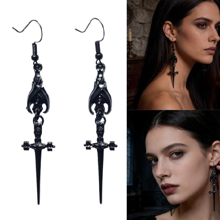 Fashionable Black Bat And Swords Earrings Punk Gothic Jewelry Fashion Accessory For Role Play Costume