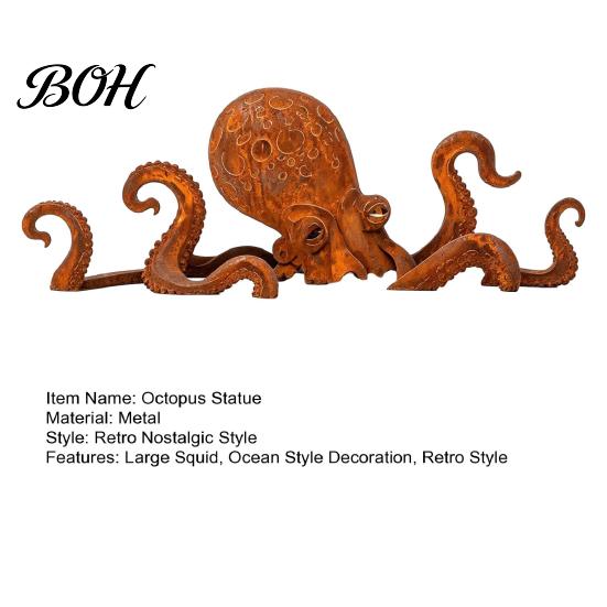 Rust-mottled Octopus Ornament Rust Patina Giant Squid Garden Sculpture, Handmade Metal Statue for Beachfront Villa Decoration Outdoor Lawn, Patio, and
