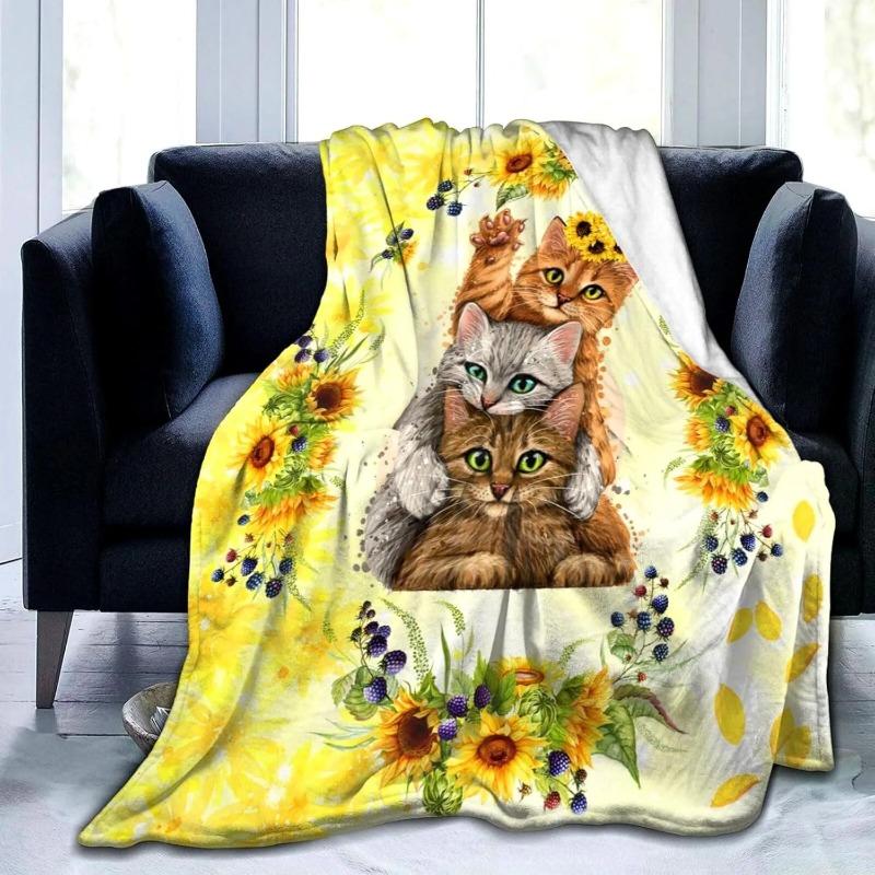 Cat Sunflower digitalprinted polyester Bedroom velvet flannel soft sofa cover blanket Fleece soft sofa cover blankets for beds