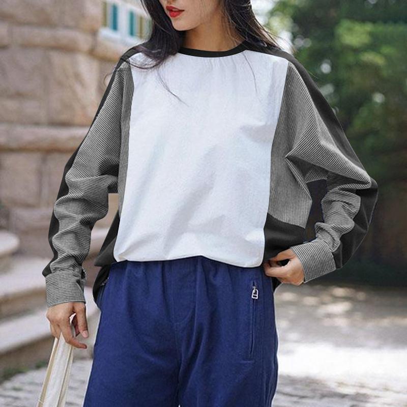 

ZANZEA Женские повседневные футболки с круглым вырезом и длинным рукавом в полоску с цветными блоками S чёрный