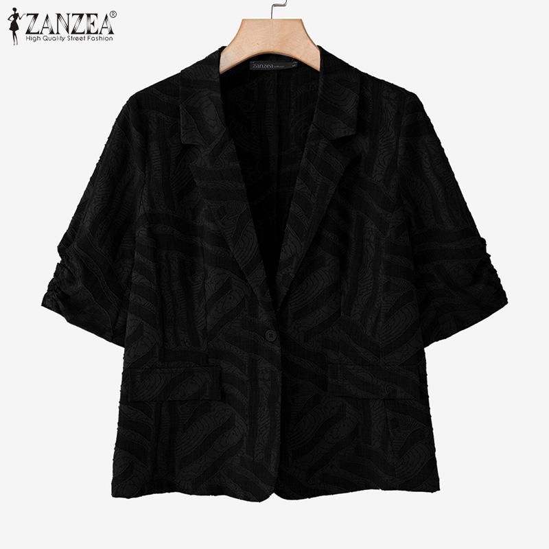 ZANZEA Women Casual Notched Lapel Loose 3/4 Sleeve Print Cardigan Blouse