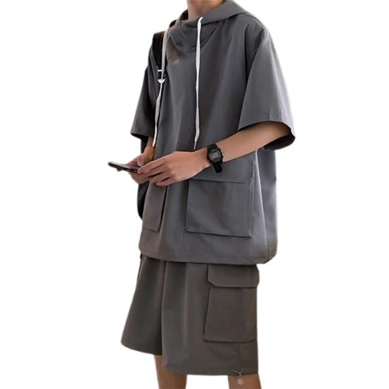 2 szt./zestaw Unisex Strój na co dzień Bluza z kapturem ze sznurkiem Krótki rękaw T-shirt Elastyczny pas ze sznurkiem