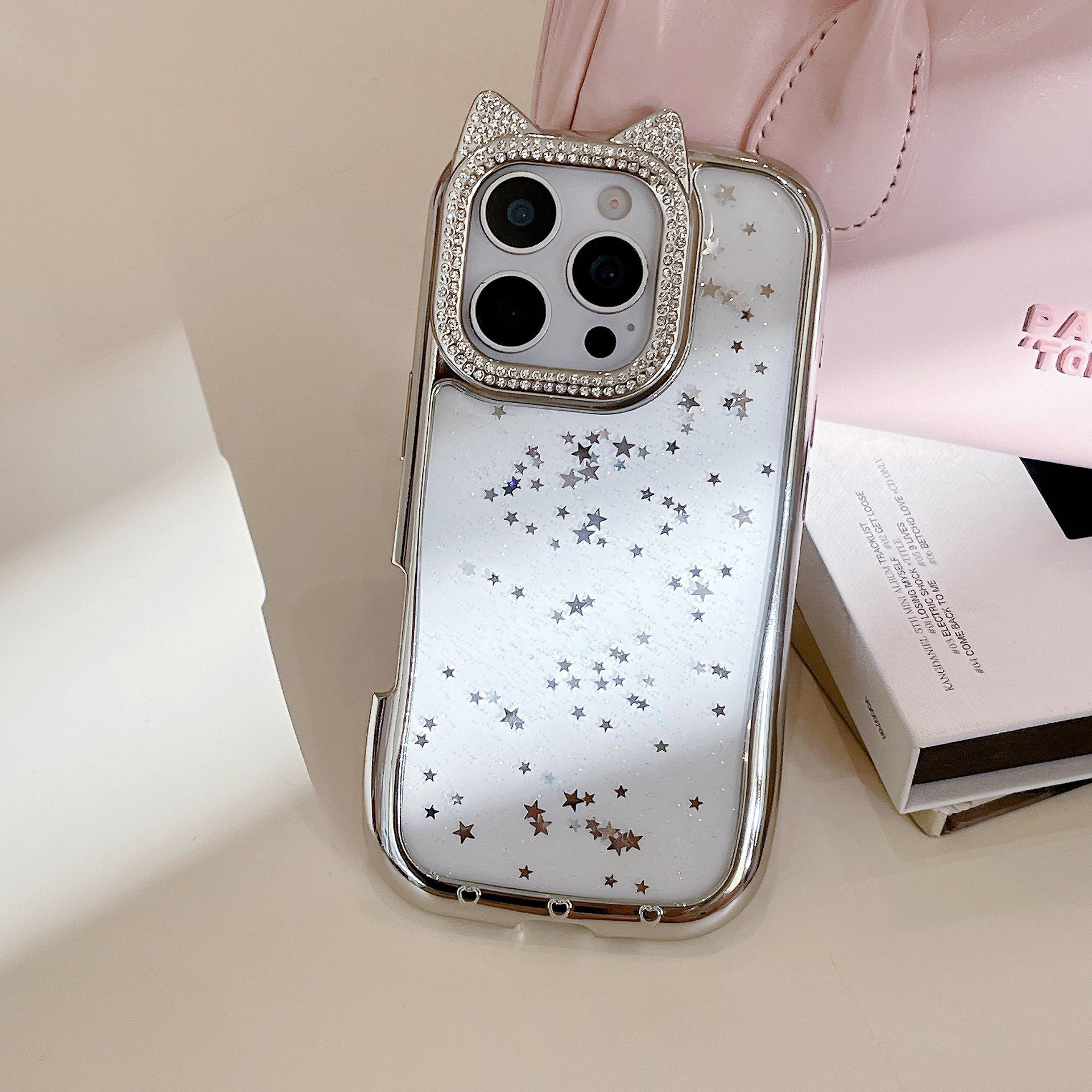 

For IPhone16ProMax Flash Diamond Phone Case for Apple15 Cute Cartoon Cat Ears 14 Electroplating Protective Case For iPhone11Promax