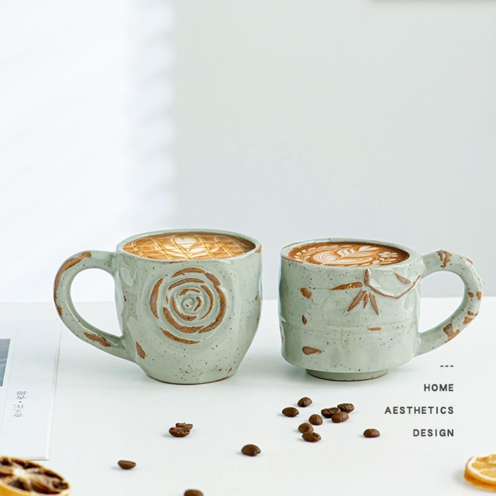 Japanese-style Mug Coarse Pottery Retro Coffee Cup Handmade Relief Rose Ceramic Cup Milk Breakfast Teacup Drinking Utensils Gift