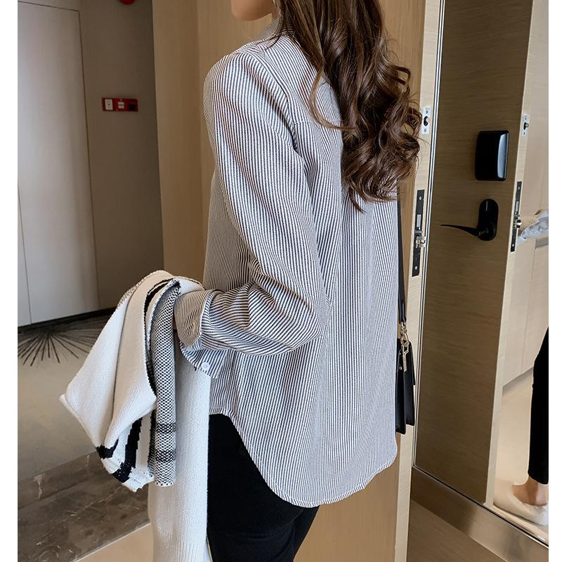 Large Size Vertical Striped Shirt Female Loose Shirt Long-sleeved Bottoming Shirt Tide Vintage Basic Office Casual Women Shirt Comfortable Clothes