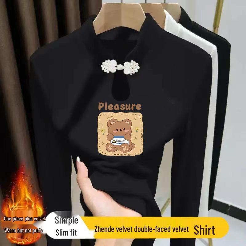 

Women s Autumn Winter Stand Collar Long Sleeve T-shirt with Frog Buttons and Water Drop Print - Warm, Versatile, National Style Top L (100-115 jin)