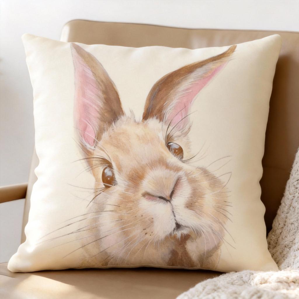 Realistic Rabbit Face Pillow Cover Soft Decorative Cushion Case with Zipper Machine Washable for Living Room Bedroom Sofa