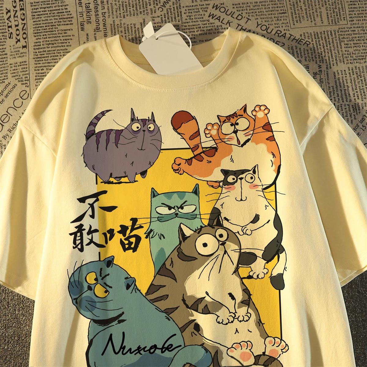 Футболка из чистого хлопка Летняя забавная футболка с принтом мультяшного кота Женская одежда Harajuku повседневная футболка большого размера черная белая Y2k Топы УНИСЕКС уличная одежда 3XL 1480₽