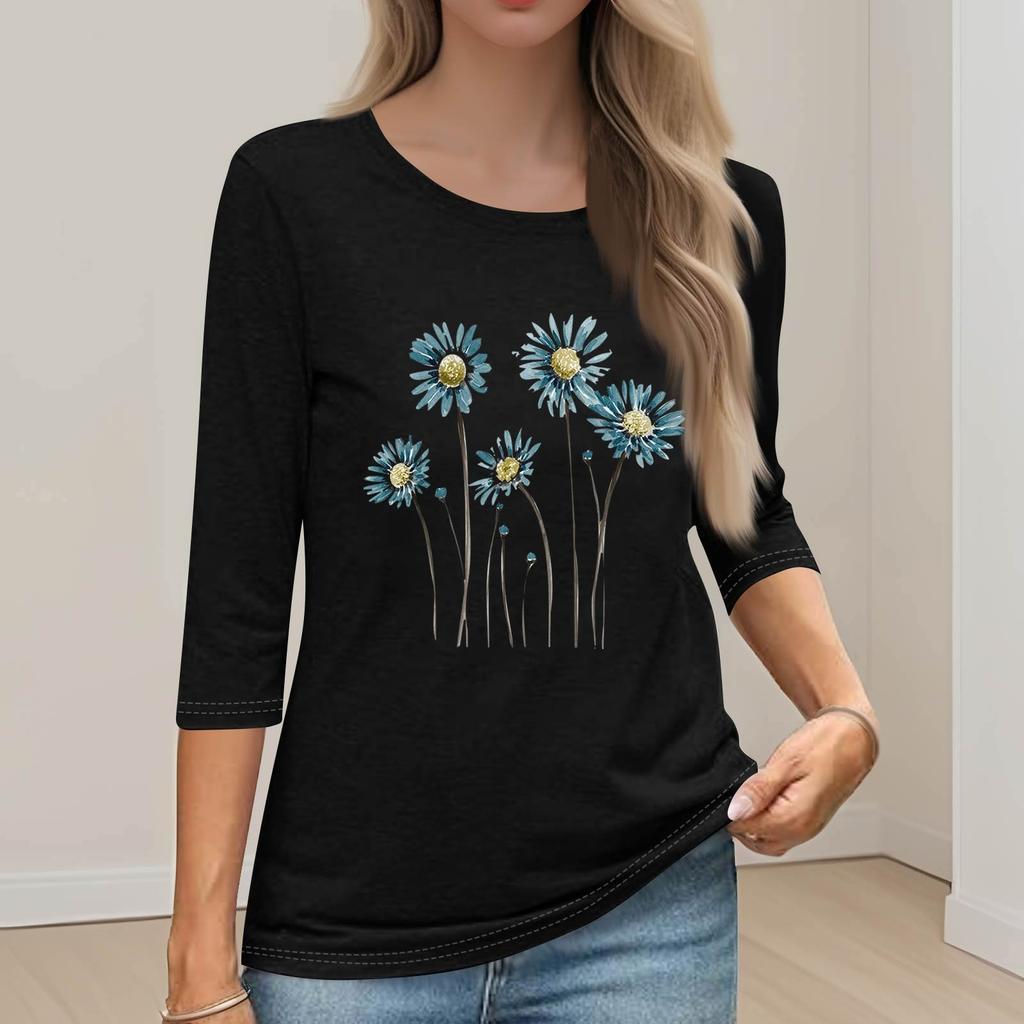 Women's Fashion Loose Casual Seven 3/4 Sleeve Printed Round Neck Pullover Top