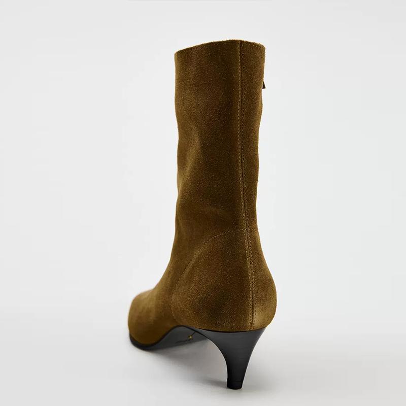 Mode Damskor Naturligt Mockaläder Slip-on Hög Klack Höst Ankelstövlar Fyrkantig Tå Casual Dam Högkvalitativa Stövlar Skor Kvinna