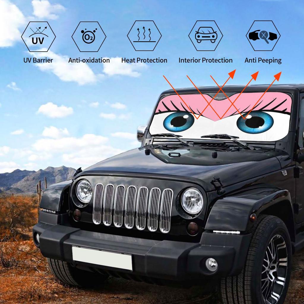 Pink Cute Eyes Sunshade Windscreen Cartoon Foldable Cover Front Block Window 76x140cm Car Window Windscreen Cover UV