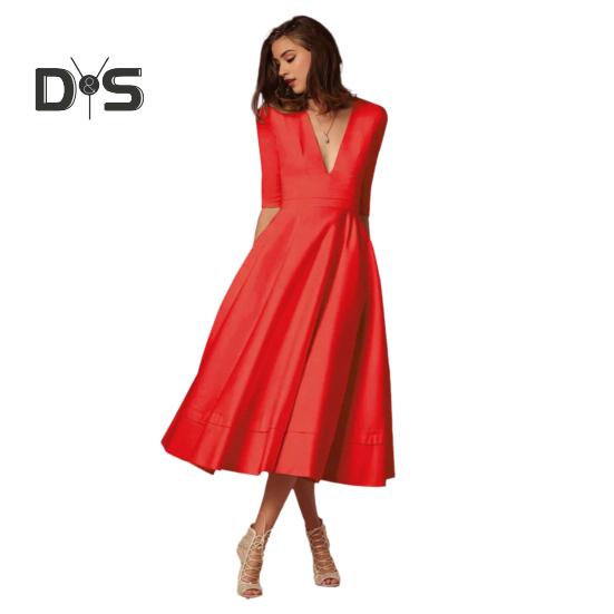 Women Midi Dress Deep V Neck A-line Flowy Hem Solid Color Half Sleeves Pure Color Dating Dress Prom Party Banquet Evening Dress