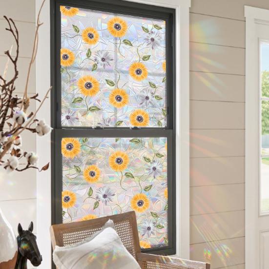 4 Sheets Rainbow Floral Window Privacy Film Stained Glass Decorative Decals Sun Blocking Heat Control Static Glass Clings for Bedroom Living Room