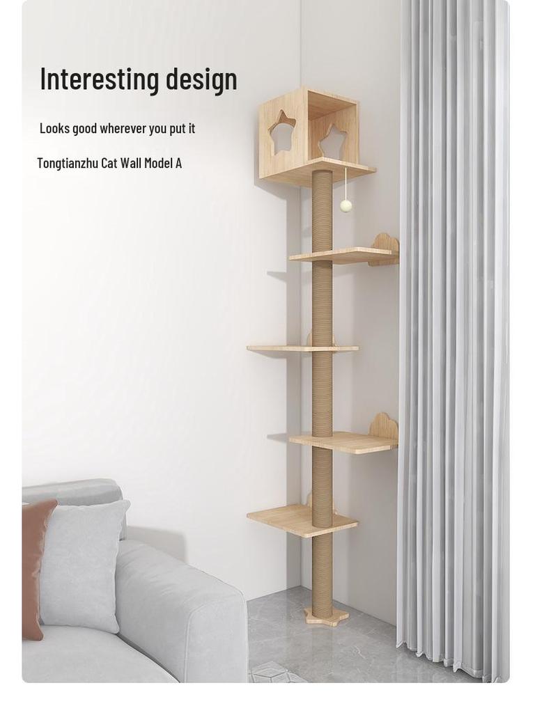 Wandmontierter Katzenbaum aus Massivholz: Kapselregal, Kratzbaum, Kletterplattform & Bett