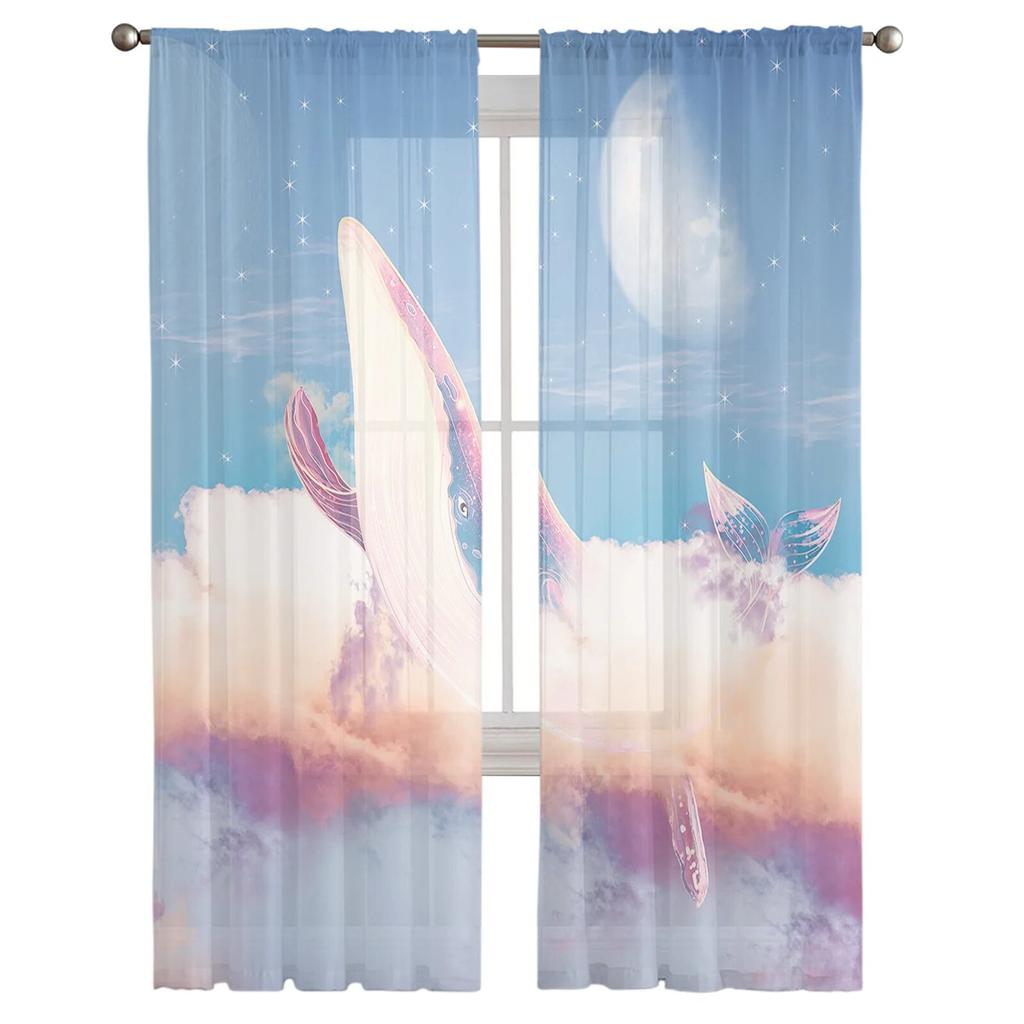 Starry Sky Whale Star River Clouds Bedroom Transparent Sheer Curtains Holiday Decoration Window Voile Tulle Curtain