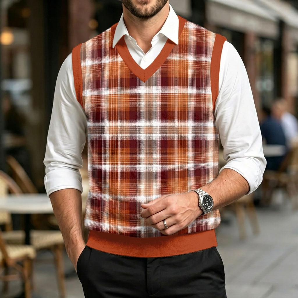 Men's Casual V-Neck Wool Knit Sweater Vest with Christmas Plaid Print