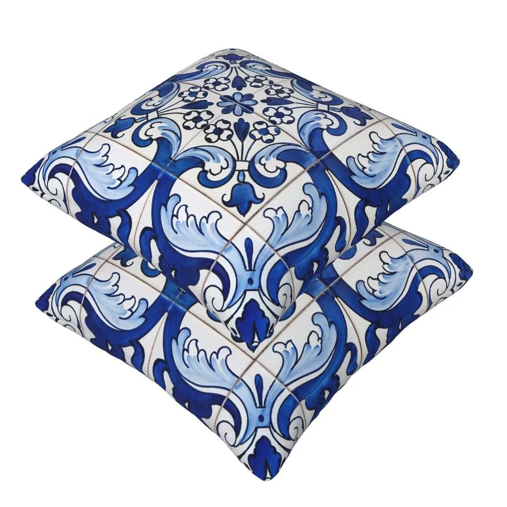 Set 2 Federe Quadrata Classica Antica Lisbona Blu Azulejo Piastrella Motivo Floreale Copricuscino Comfort Cuscino Decorativo Per Casa