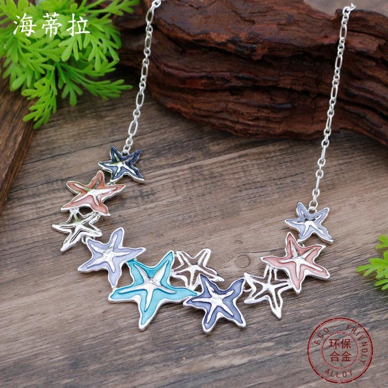 New enamel color geometric star necklace, women's creative exaggeration, high-end five-pointed star necklace
