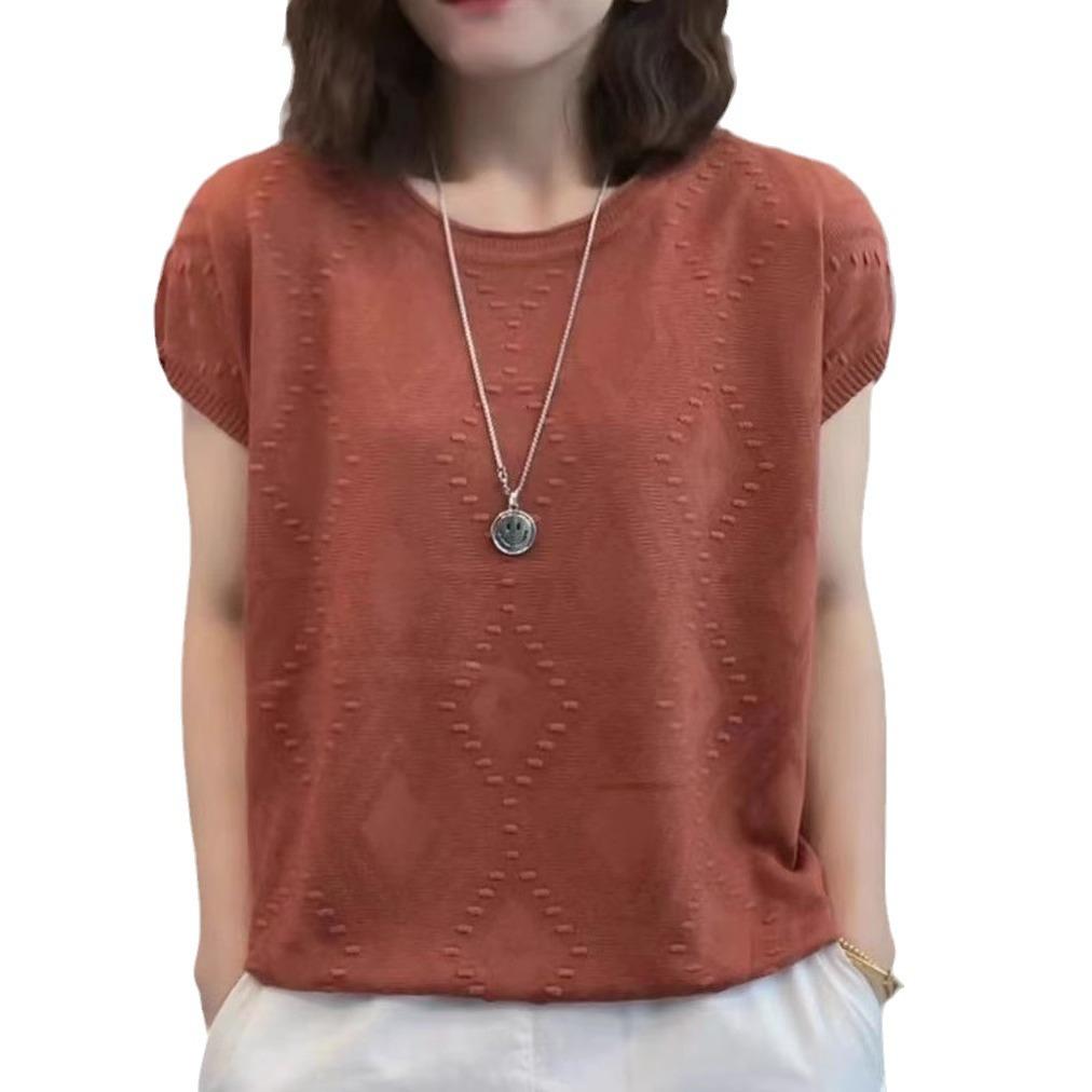 Summer Women's Knitted Short Sleeved T-shirt Loose Round Neck Women's Knitted Top