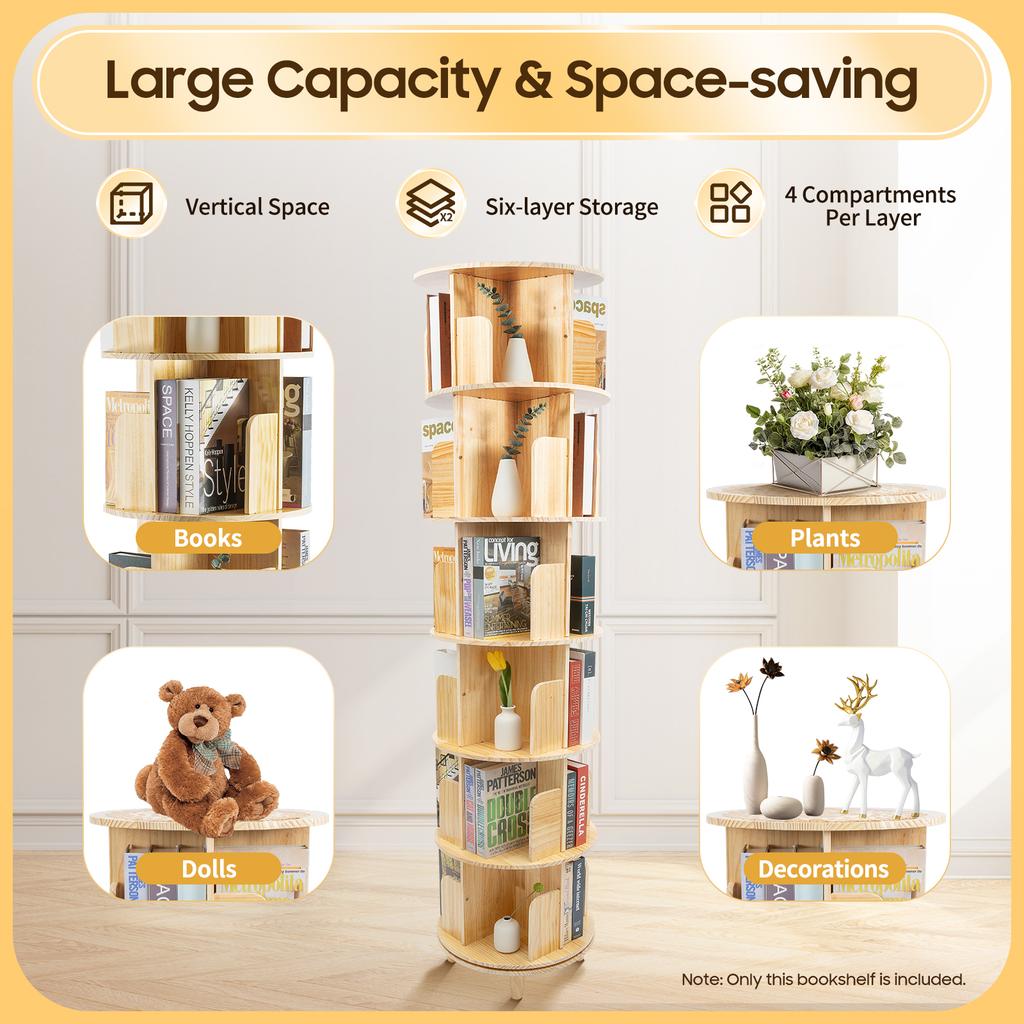 6 Tier Bookshelf Wooden Bookcase 360° Rotating Book Storage Racks Living Room Book Organizer Floor Stand Bedroom Book Holder
