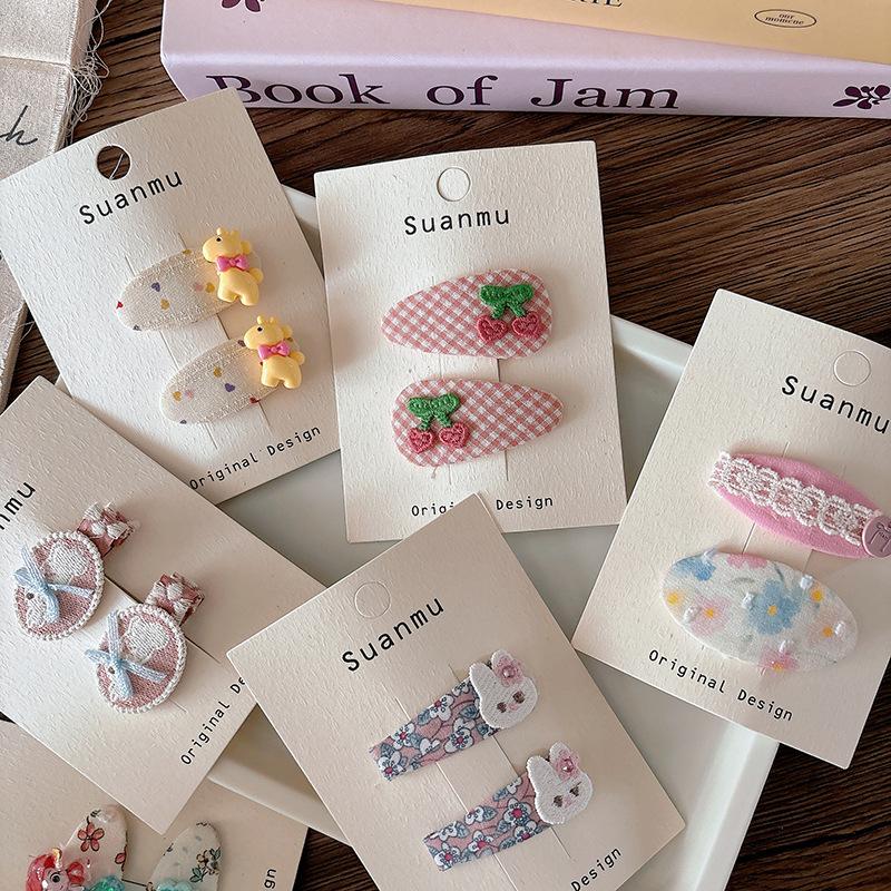 Korean Sweet Versatile Fabric Plaid Children's Bangs Bb Clip Girls Embroidery Cute Cherry Headwear Girls Kids Hair Accessories