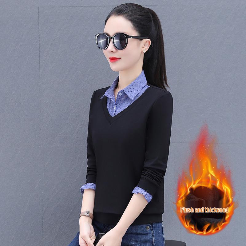 Khmer Farbblock-Revers Zweiteiliger Look Damen Langarm Herbst/Winter Pullover-Shirt