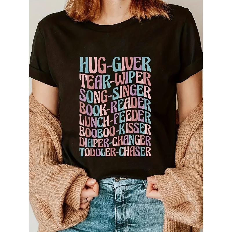 

HUG GIVER Letter Print T-shirt, Short Sleeve Crew Neck Casual Top for Summer & Spring, Women s Clothing S чёрный