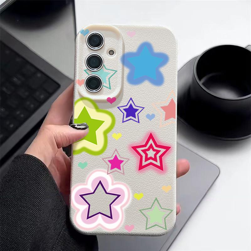 Blended Colorful Stars Pattern Case For Samsung Galaxy S26 Ultra S25 Edge S24 S23 S22 Plus S21 FE Leather Texture Silicone Cover